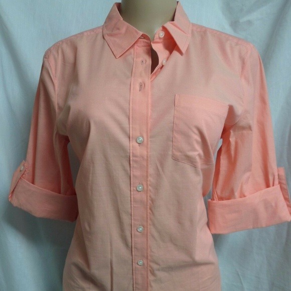 "ANN TAYLOR" CORAL SALMON ROLLED UP SLEEVES BUTTON UP SHIRT BLOUSE SIZE: SP NWT - Picture 2 of 3